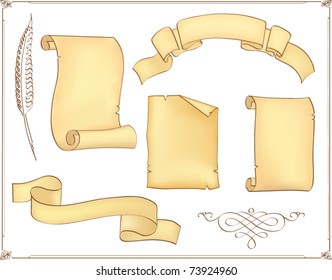 Set of old paper sheets with feather isolated on white background