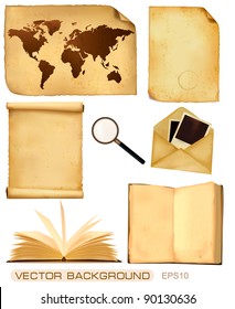 Set of old paper sheets and old map. Vector