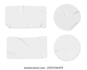 Conjunto de pegatinas de papel viejas. Ilustraciones vectoriales de pegatinas rectangulares y circulares blancas con bordes y pliegues rizados, perfectas para notas, rótulos y decoración.
