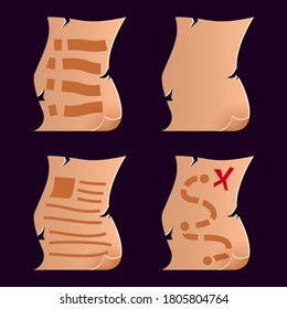 Set of old paper treasure map, note, and blank paper. Perfect for 2d games asset elements. Vector illustration