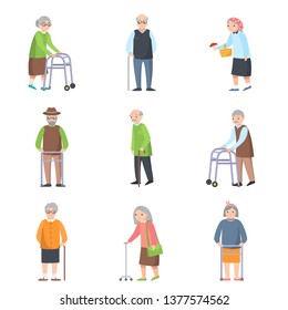 Set of old people in different poses with additional object