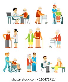 Conjunto de ancianos en situación diferente.
Personas mayores, médicos y enfermeras. Consulta, diagnóstico y tratamiento médico. Ilustración vectorial en estilo plano aislada en fondo blanco.