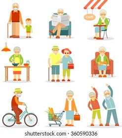 Set of old people in different situations. Senior man and woman activities - walking, cooking, shopping, cycling, recreation