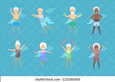 Set of old people doing exercise in swimming pool. Elderly character have an active lifestyle. Senior in water. Isolated vector flat illustration
