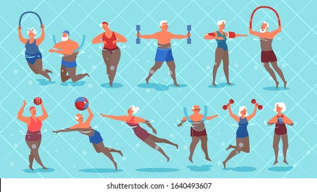 Set of old people doing exercise in swimming pool. Elderly character have an active lifestyle. Senior in water. Isolated flat illustration