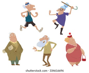 Set of old people doing sport exercises or just standing, vector