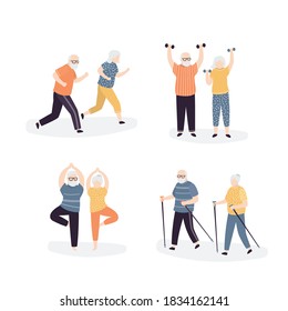 Set of old people doing sports exercises. Elderly couple running, walking and doing yoga poses. Outdoor fitness for grandparents. Seniors isolated on white background. Flat vector illustration 