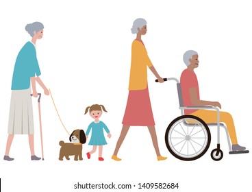 Set of old people, a grandchild and a dog isolated on a white background. Vector illustration in a flat style.