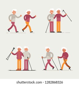 Set of Old people sport activities. Happy Senior Couple running In the Park and making nordic walking. Vector illustration