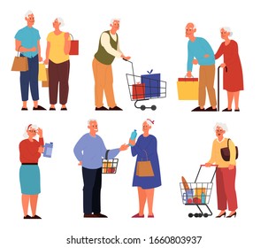 Set of old people in supermarket with carts byuing fruits, vegetables and other food. Grandmother and grandfather at grocery store. Isolated flat vector illustration