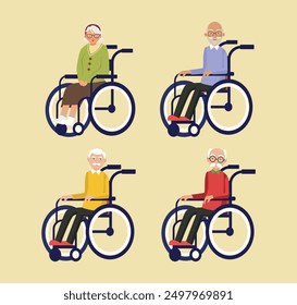 Set of old people in wheelchair.