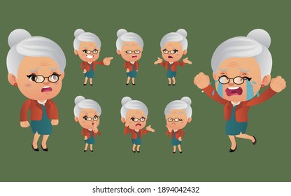 Set of old person with different emotions