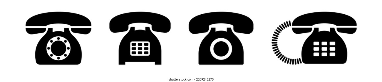 Set of old phone vector icons. Black retro telephone. Vintage classic phone. Call symbol.