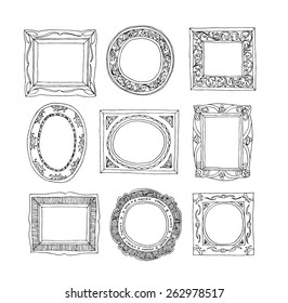  Set of old picture frames, hand drawn vector illustration.