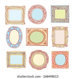  Set of old picture frames, hand drawn vector illustration.