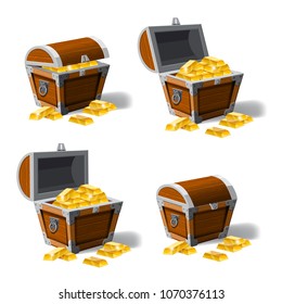 Set old pirate chests full of gold bars, vector, cartoon style, illustration, isolated. For games, advertising applications