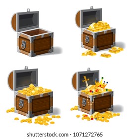 Set old pirate chests full of treasures, gold coins, ingots, jewelry, crown, dagger, vector, cartoon style, illustration, isolated. For games, advertising applications
