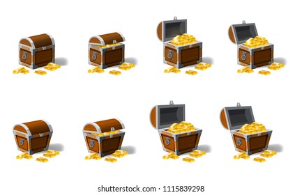 Set old pirate chests full of treasures, gold vector, cartoon style, illustration, isolated. For games, advertising applications