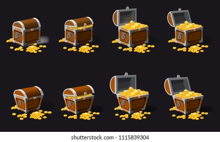 Set old pirate chests full of treasures, gold coins, vector, cartoon style, illustration, isolated. For games, advertising applications