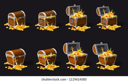 Set old pirate chests full of treasures, gold coins, vector, cartoon style, illustration, isolated. For games, advertising applications
