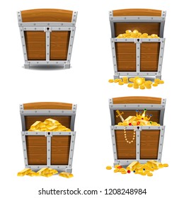 Set old pirate chests full of treasures, gold bars, gold coins, crown, dagger, vector, cartoon style, illustration, isolated. For games, advertising applications