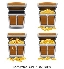 Set old pirate chests full of treasures, gold bars, gold coins, crown, dagger, vector, cartoon style, illustration, isolated. For games, advertising applications