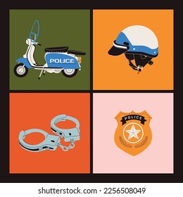 
Set with old police scooter, helmet, handcuffs and badge. Logo, icon, poster, print template. Vintage style.Hand drawn colored Vector illustrations.