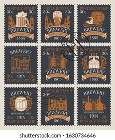 Set of old postage stamps on the theme of beer and brewery. Philatelic collection of stamps with postmarks. Vector illustration in retro style
