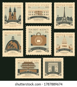 Eine Reihe alter Briefmarken zum Thema Reisen mit architektonischen und historischen Sehenswürdigkeiten aus der ganzen Welt. Vektorillustrationen von verschiedenen berühmten Orten in Form alter Briefmarken im Retro-Stil