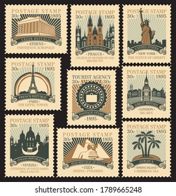Set of old postage stamps on the travel theme with architectural and historical landmarks from around the world. Vector illustrations of various famous places in the form of old stamps in retro style svg