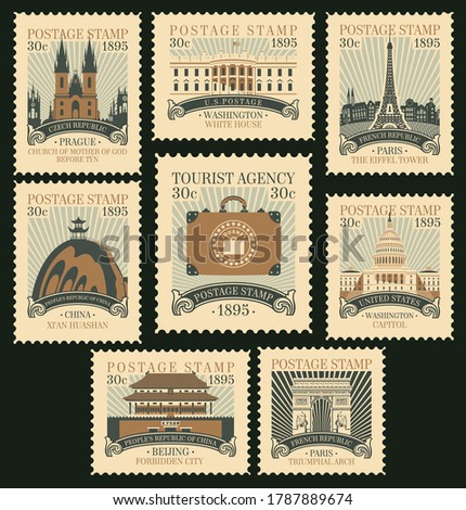 Set of old postage stamps on the travel theme with architectural and historical landmarks from around the world. Vector illustrations of various famous places in the form of old stamps in retro style