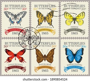 Set of old postage stamps with various bright beautiful butterflies and their names on a light background. Vector postage stamps with postmark in retro style