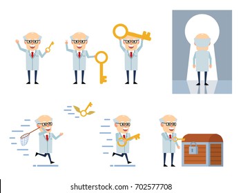 Set of old professor characters with big key posing in various situations. Cheerful scientist holding key, running and showing other actions. Simple vector illustration