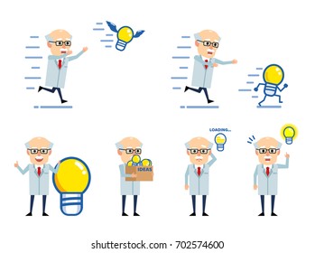 Set of old professor characters with idea light bulb posing in various situations. Cheerful scientist pointing to idea, running and showing other actions. Simple vector illustration