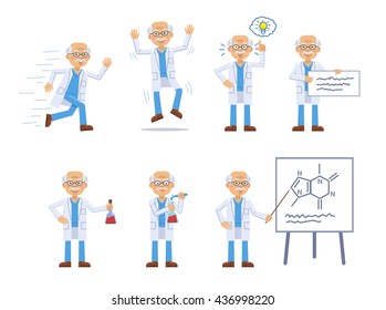 Set of old professor characters posing in different situations. Cheerful professor running, jumping, pointing up, mixing potion, holding banner, teaching. Flat style vector illustration