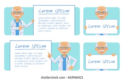 Set of old professor characters posing with different banners. Cheerful professor holding placard, paper, poster. Teach, advertise, promote. Flat style vector illustration