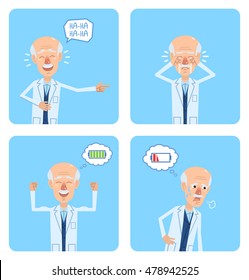 Set of old professor characters posing in different situations. Cheerful professor laughing, crying, full of energy, tired. Flat style vector illustration