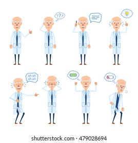 Set of old professor characters posing in different situations. Cheerful professor talking to phone, thinking, laughing, crying, energetic, tired, pointing up. Flat style vector illustration