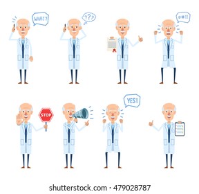 Set of old professor characters posing in different situations. Cheerful professor talking to phone, thinking, surprised, angry, holding stop sign, document. Flat style vector illustration