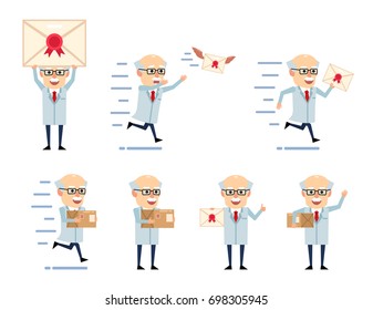 Set of old professor characters posing with mail in various situations. Cheerful scientist holding letter, parcel, running and showing other actions. Simple vector illustration