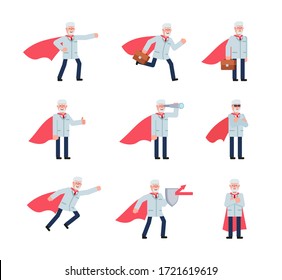 Set of old professor characters in red super hero robe showing various actions. Minimal design vector illustration