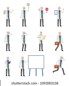 Set of old professor characters showing various actions. Cheerful professor holding stop sign, reading book, running, talking on phone and showing other actions. Flat design vector illustration