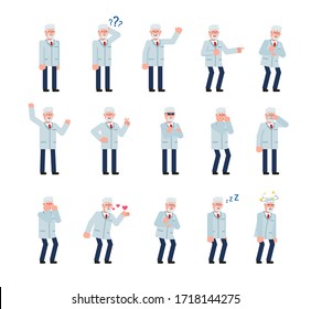 Set of old professor characters showing various emotions. Doctor thinking, crying, laughing, angry, tired and showing other expressions. Minimal design vector illustration