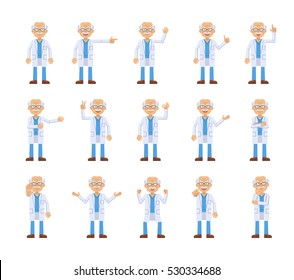 Set of old professor characters showing different hand gestures. Cheerful professor showing thumb up gesture, pointing, waving, greeting and other hand gestures. Simple vector illustration