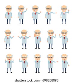 Set of old professor characters showing various hand gestures. Cheerful scientist pointing, greeting, showing thumb up and other gestures. Simple vector illustration