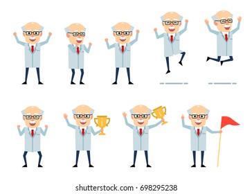 Set of old professor characters showing various success poses. Cheerful scientist celebrating, jumping, holding winners cup and showing other actions. Simple vector illustration