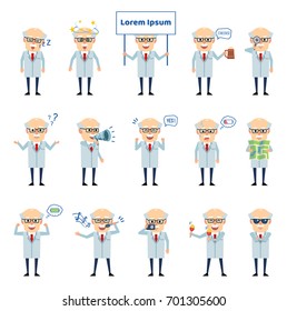 Set of old professor characters showing various actions. Cheerful professor holding map, signboard, singing and showing other actions. Simple vector illustration