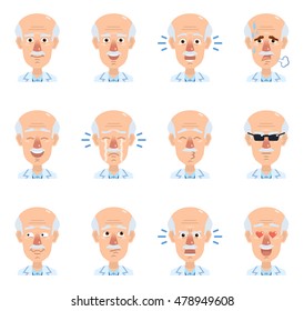 Set of old professor emoticons. Cheerful professor avatars showing different emotions. Happy, sad, crying, laugh, smile, think, angry, surprised, love. Simple style vector illustration