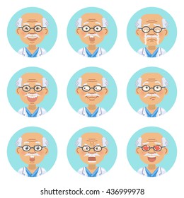 Set Of Old Professor Emoticons. Doctor Avatars Showing Different Emotions. Happy, Sad, Cry, Smile, Laugh, Think, Surprised, Love, Angry And Other Facial Expressions. Flat Style Vector Illustration