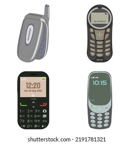 A set of old push-button phones of different designs. Vector illustration.